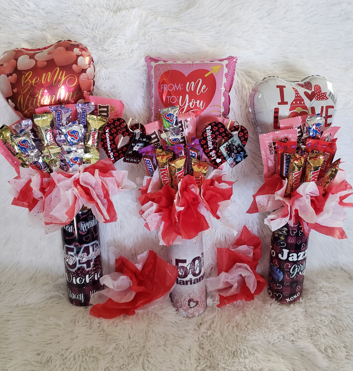 Customized 20 oz Tumbler filled with candy, keychain and ornament. Any ocassion