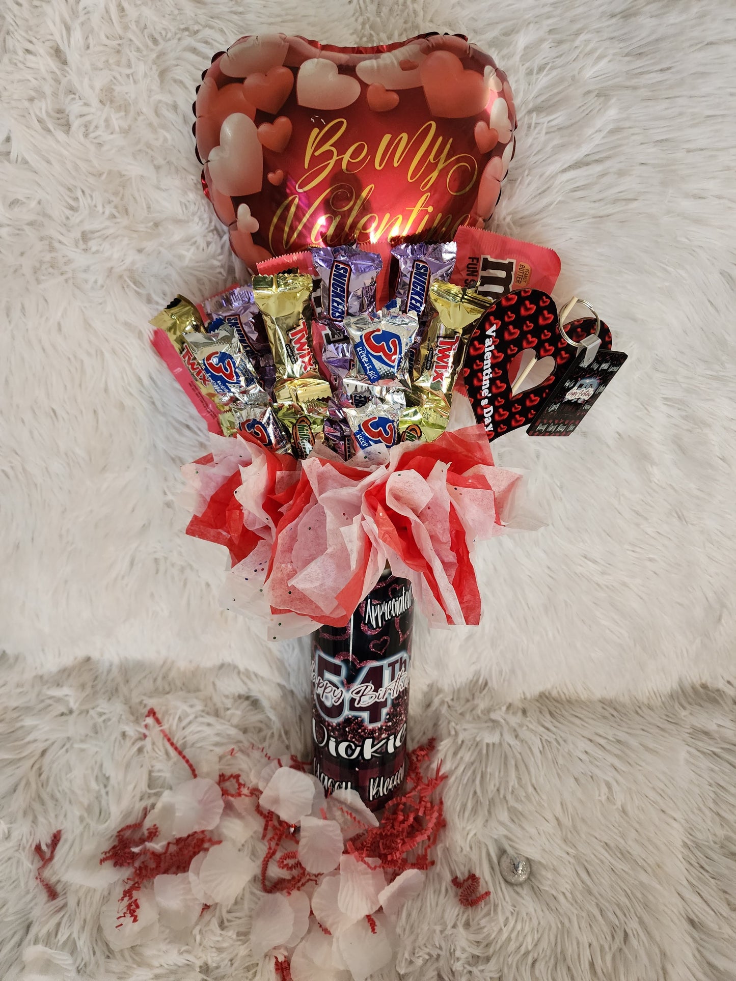 Customized 20 oz Tumbler filled with candy, keychain and ornament. Any ocassion